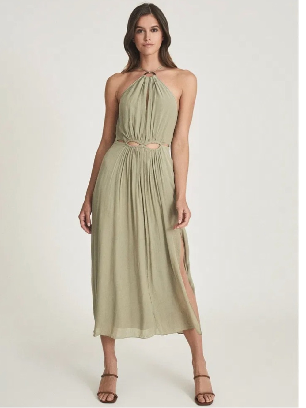 Reiss Sage Green Halter Ring-Detail Maxi Dress Size 6